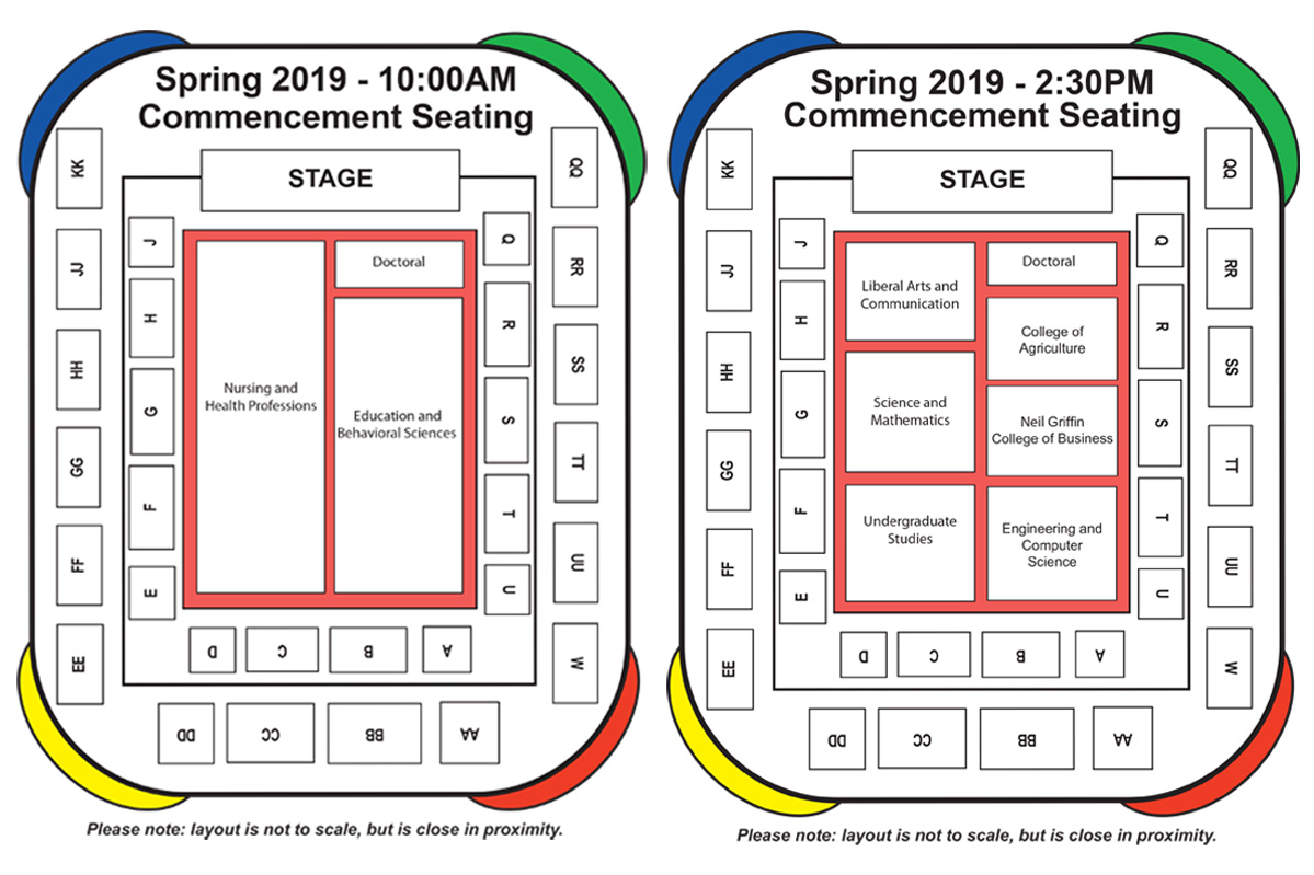 The 2019 Commencement Seating Chart. Check with an attendant at the arena for more information.