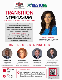 Flyer for Transition Symposium showing Talida State, Joe Baxter, Bonnie Boaz, and Jonathan Taylor