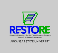 RESTORE Hub at A-State logo in blue and green on gray background